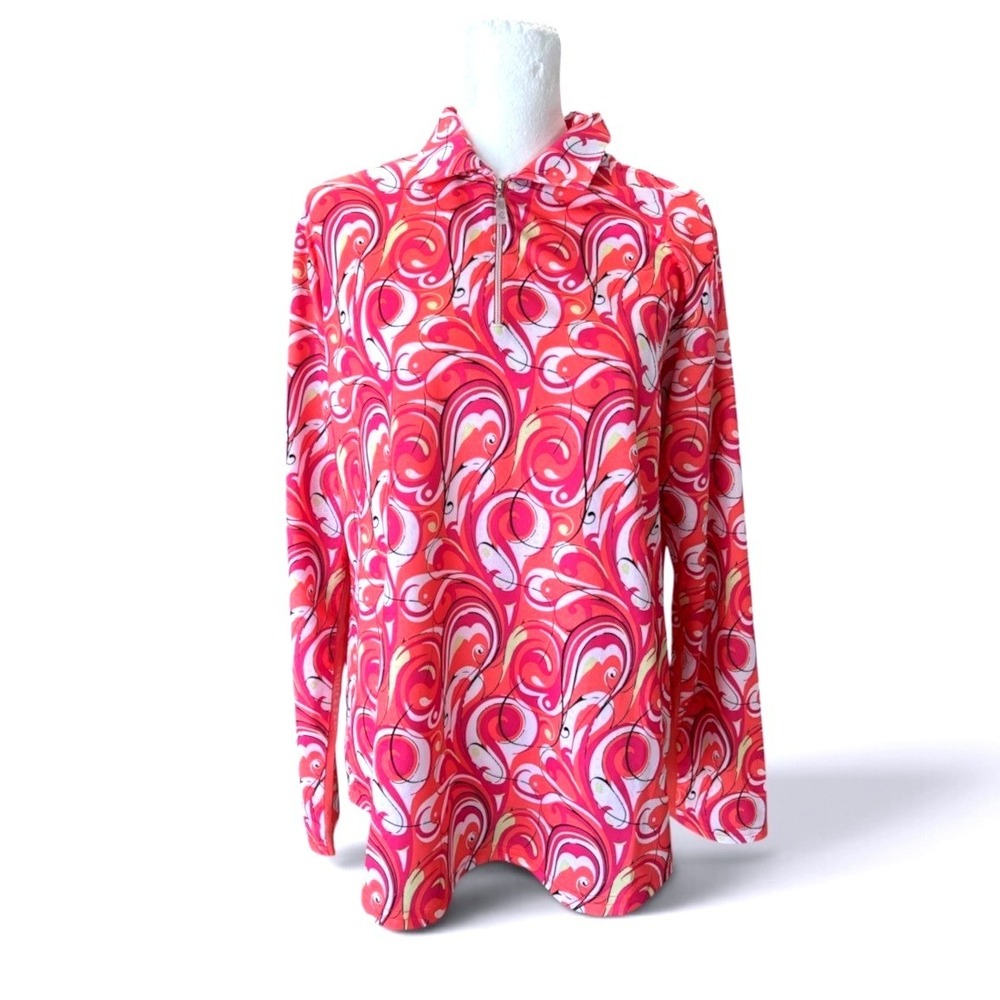 Bette & Court Womens Pink Orange Psychedelic Swirl Quarter Zip Golf Top Large